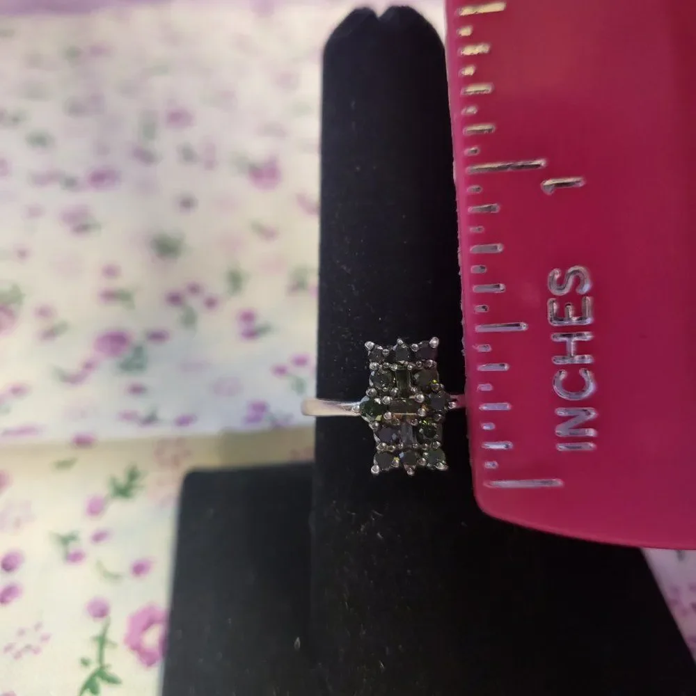 Green Diamond Small Elongated Cluster Sterling Silver Ring